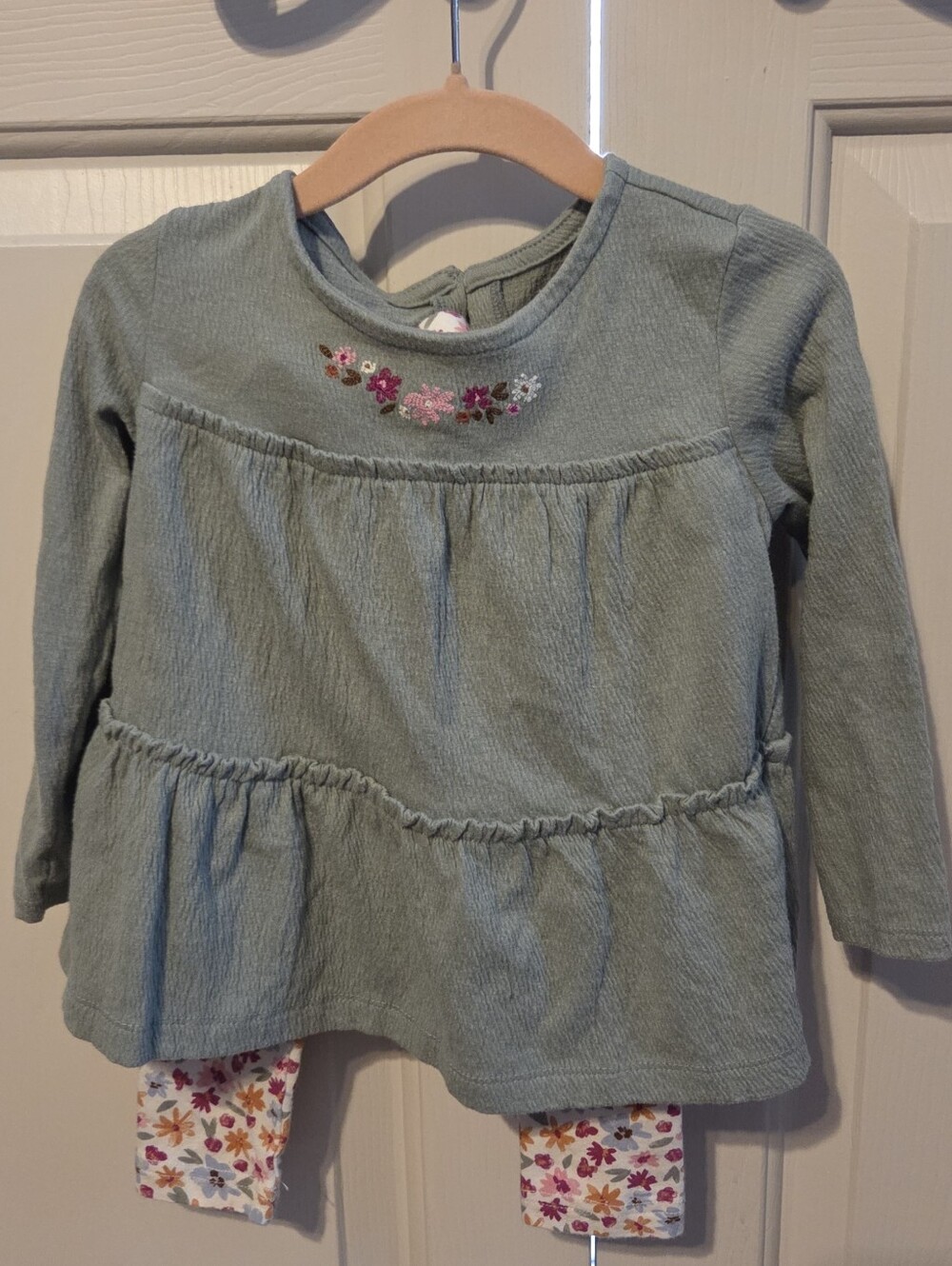 Carter's Sage Green Long-Sleeve Top with Floral Embroidery & Matching Pants
